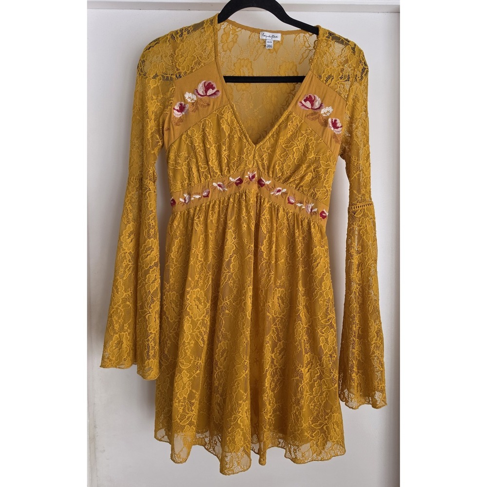 Love Fire Lace Dress XS Floral Mustard Yellow Trumpet Sleeve Boho Faecore
